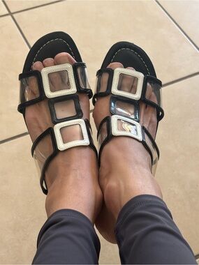 Mickels Clear Strap Slide Sandals Black White Size 6